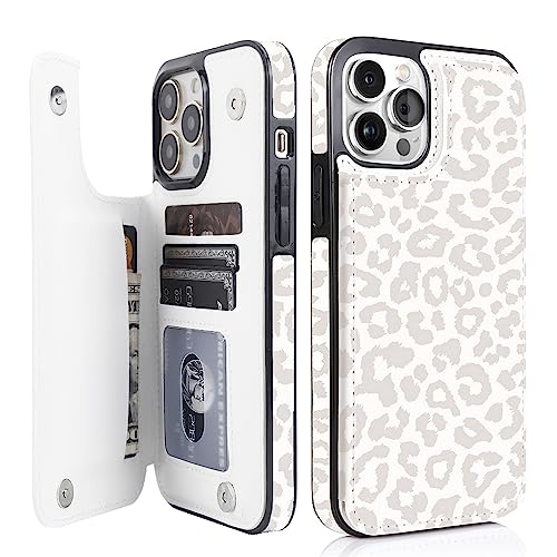 uCOLOR Flip Leather Wallet Case Card Holder Compatible with iPhone13 Pro Max 13 PM 6.7" Women and Girls with Card Holder Kickstand (Beige Leopard)