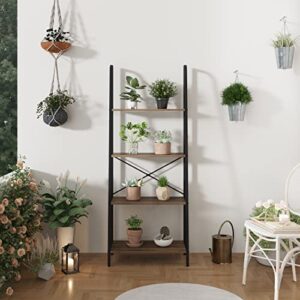 novilla bookshelf, 4-tier bookcase, freestanding storage ladder shelves for home/office/living room/balcony/bedroom, walnut