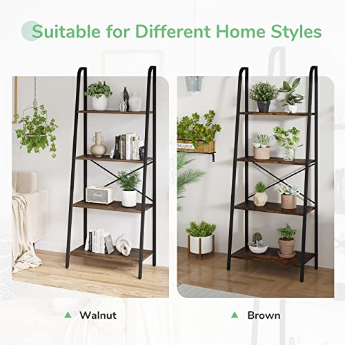 Novilla Bookshelf, 4-Tier Bookcase, Freestanding Storage Ladder Shelves for Home/Office/Living Room/Balcony/Bedroom, Walnut