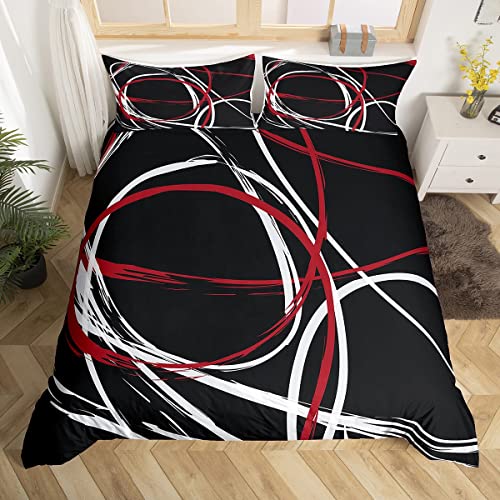 Abstract Spiral Stripes Duvet Cover Set King Size,Modern Red Black White Comforter Cover with 2 Pillowcases,3 Piece,Geometric Circle Bedding Set for Adult Young Bedroom Xmas Gift