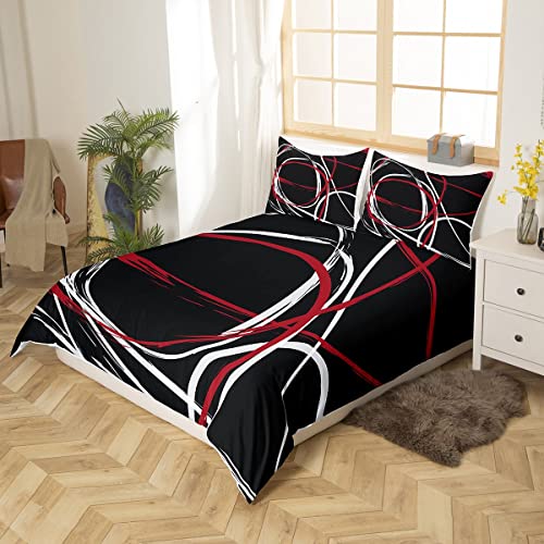 Abstract Spiral Stripes Duvet Cover Set King Size,Modern Red Black White Comforter Cover with 2 Pillowcases,3 Piece,Geometric Circle Bedding Set for Adult Young Bedroom Xmas Gift