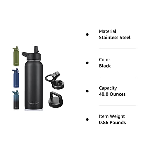 CIVAGO 40 oz Insulated Water Bottle With Straw, Stainless Steel Sports Water Cup Flask with 3 Lids (Straw, Spout and Handle Lid), Double Walled Travel Thermal Canteen Mug, Midnight Black