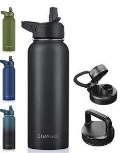 civago 40 oz insulated water bottle with straw, stainless steel sports water cup flask with 3 lids (straw, spout and handle lid), double walled travel thermal canteen mug, midnight black