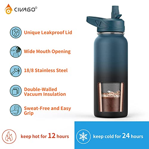 CIVAGO 40 oz Insulated Water Bottle With Straw, Stainless Steel Sports Water Cup Flask with 3 Lids (Straw, Spout and Handle Lid), Double Walled Travel Thermal Canteen Mug, Midnight Black