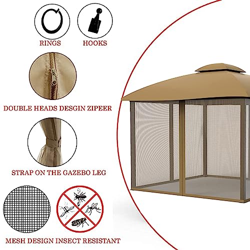 Gazebo Mosquito Netting Screen 4-Panels Universal Replacement for Patio, Outdoor Canopy, Garden and Backyard (10'x12', Khaki)