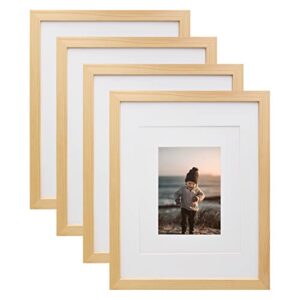 kinlink 11x14 picture frames natural wood frames with acrylic plexiglass for pictures 5x7/8x10 with mat or 11x14 without mat, tabletop and wall mounting display, set of 4