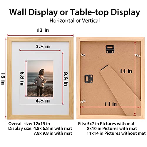 KINLINK 11x14 Picture Frames Natural Wood Frames with Acrylic Plexiglass for Pictures 5x7/8x10 with Mat or 11x14 without Mat, Tabletop and Wall Mounting Display, Set of 4