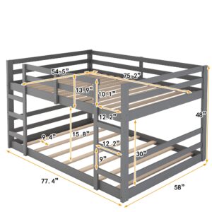 Bellemave Full Over Full Low Bunk Bed, Solid Wood Floor Bunk Bed with Ladder, for Toddlers Kids Boys Girls (Gray)