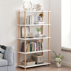 iotxy 5-tier wooden shelf bookcase - modern open bookshelf, free standing storage rack, multifunctional display stand for home and office, white, rectangle