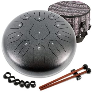 premium cast iron steel tongue drum 12” 11 notes, c major drum percussion for meditation yoga musical education with mallets and finger picks best gift for adults and beginner children, gray