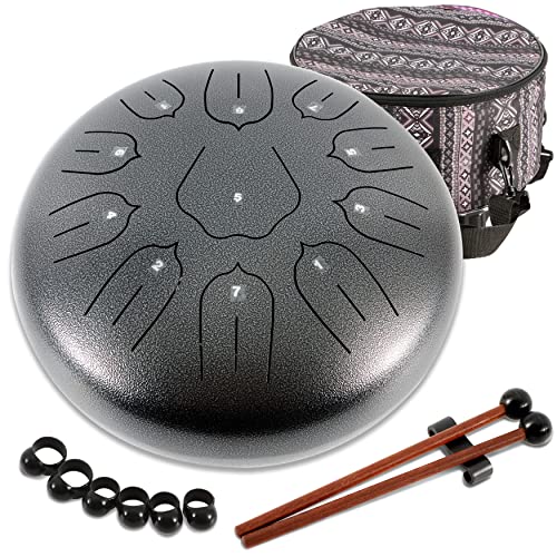 Premium Cast Iron Steel Tongue Drum 12” 11 Notes, C Major Drum Percussion for Meditation Yoga Musical Education with Mallets and Finger Picks Best Gift for Adults and Beginner Children, Gray