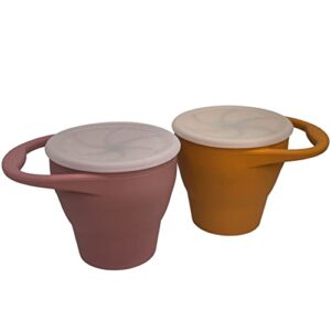 bravejusticekidsco. | snack attack silicone baby snack cup | 2 pack | collapsible toddler snack cup (honey ginger and dusty rose)