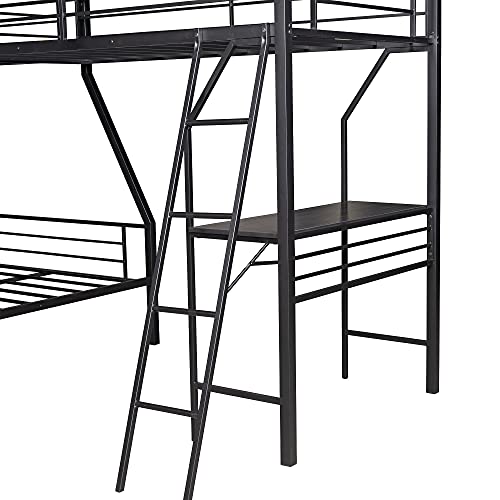 JJRY L-Shaped Metal Twin Over Full Bunk Bed with A Twin Size Loft Bed Attached A Desk and Two Inclined Ladders, Black