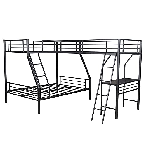 JJRY L-Shaped Metal Twin Over Full Bunk Bed with A Twin Size Loft Bed Attached A Desk and Two Inclined Ladders, Black