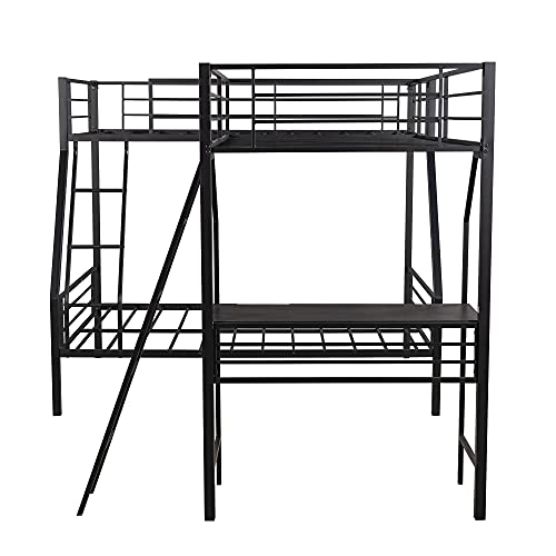 JJRY L-Shaped Metal Twin Over Full Bunk Bed with A Twin Size Loft Bed Attached A Desk and Two Inclined Ladders, Black