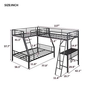 JJRY L-Shaped Metal Twin Over Full Bunk Bed with A Twin Size Loft Bed Attached A Desk and Two Inclined Ladders, Black