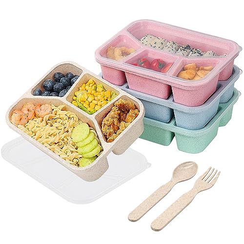 4 Pack Bento Lunch Box, 4 Compartment Meal Prep Containers, Lunch Box for Kids, Durable BPA Free Plastic Reusable Food Storage Containers - Stackable, Suitable for Schools, Companies,Work and Travel