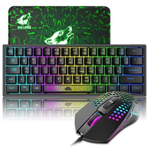 gaming keyboard and mouse combo mini portable with chroma rgb backlit ergonomic 62key layout 19key anti-ghosting mechanical feel 3200dpi honeycomb mice usb wired for pc mac gamer laptop typists(black)