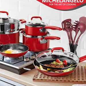 MICHELANGELO Pots and Pans Set Nonstick, 15 Pcs Kitchen Cookware Sets with Porcelain Enamel Exterior and Nonstick Granite-derived Coating, Enamel Cookware Set with 5 Utensils - Red