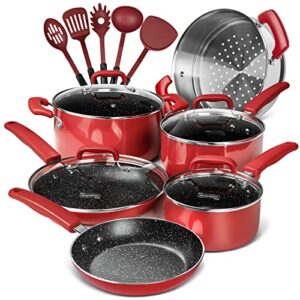 michelangelo pots and pans set nonstick, 15 pcs kitchen cookware sets with porcelain enamel exterior and nonstick granite-derived coating, enamel cookware set with 5 utensils - red