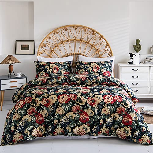 Dark Green Botanical Duvet Cover Twin Red Yellow Floral Green Leaves Printed Pattern Bedding Duvet Cover Set Soft and Breathable Microfiber Comforter Cover with Zipper and Corner Ties