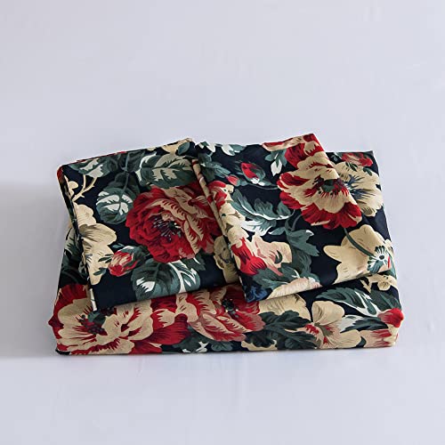 Dark Green Botanical Duvet Cover Twin Red Yellow Floral Green Leaves Printed Pattern Bedding Duvet Cover Set Soft and Breathable Microfiber Comforter Cover with Zipper and Corner Ties