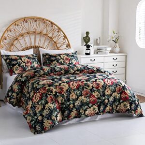 Dark Green Botanical Duvet Cover Twin Red Yellow Floral Green Leaves Printed Pattern Bedding Duvet Cover Set Soft and Breathable Microfiber Comforter Cover with Zipper and Corner Ties