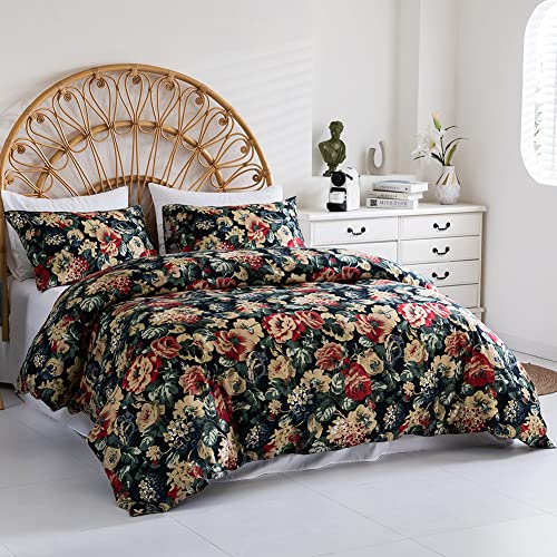 Dark Green Botanical Duvet Cover Twin Red Yellow Floral Green Leaves Printed Pattern Bedding Duvet Cover Set Soft and Breathable Microfiber Comforter Cover with Zipper and Corner Ties