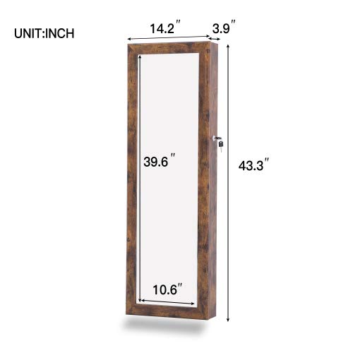 HOUAGI Mirror with Jewelry Storage,Over the Door Jewelry Armoire Organizer, Lockable Hanging/Wall Mount Jewelry Cabinet with Full Length Mirror