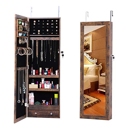 HOUAGI Mirror with Jewelry Storage,Over the Door Jewelry Armoire Organizer, Lockable Hanging/Wall Mount Jewelry Cabinet with Full Length Mirror