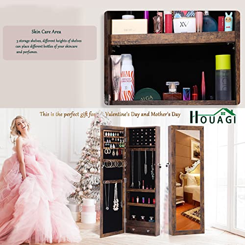 HOUAGI Mirror with Jewelry Storage,Over the Door Jewelry Armoire Organizer, Lockable Hanging/Wall Mount Jewelry Cabinet with Full Length Mirror