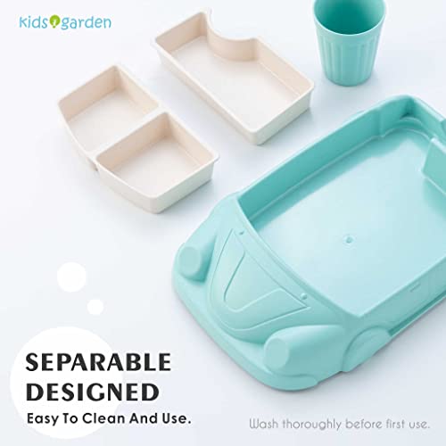 Kids garden Car Plate 8Pcs/Set Bamboo Children Dinnerware Sets - Dishwasher/Microwave Safe Includes Cutlery, Beautiful Plate, Separable Bowls & Cup Happy MealTime, Light Green, YK-001