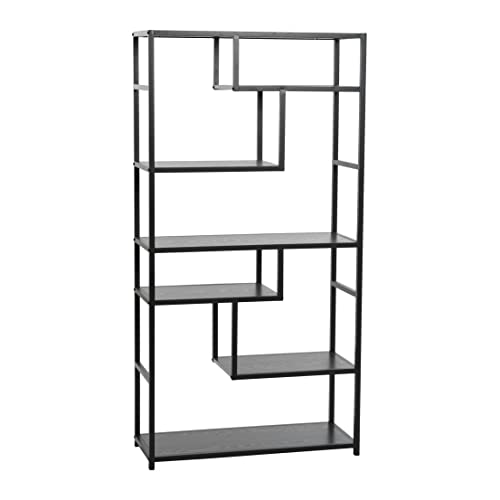 Household Essentials Black Oak Geometric Tall Open Book Shelf | Mid Century Modern Shelves