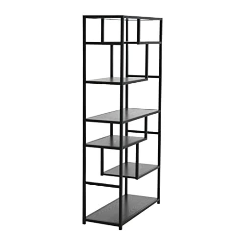 Household Essentials Black Oak Geometric Tall Open Book Shelf | Mid Century Modern Shelves