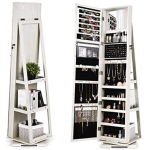 mat expert 360 rotating jewelry armoire with mirror, freestanding jewelry storage mirror w/78 ring slots, 24 necklace hooks, 120 earring slots, lockable standing jewelry organizer for makeup (white)