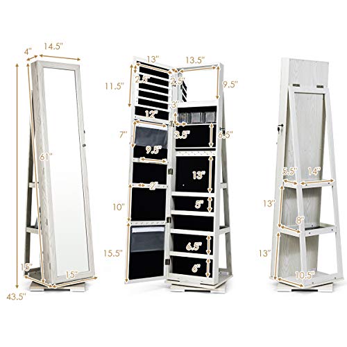 MAT EXPERT 360 Rotating Jewelry Armoire with Mirror, Freestanding Jewelry Storage Mirror w/78 Ring Slots, 24 Necklace Hooks, 120 Earring Slots, Lockable Standing Jewelry Organizer for Makeup (White)