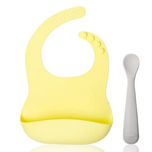 himirt silicone baby bib and silicone baby spoon set, soft adjustable waterproof bib for babies and toddlers, with pockets to catch food. (1 yellow bib, 1 spoon)