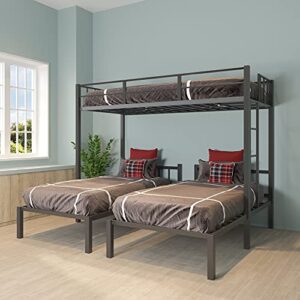 twin over twin & twin bunk bed, metal triple bunk bed frame with guardrails for kids, teens, adults space saving, can be divided into 3 separate bed (black-metal-1)