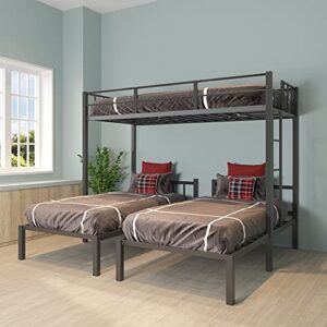 Twin Over Twin & Twin Bunk Bed, Metal Triple Bunk Bed Frame with Guardrails for Kids, Teens, Adults Space Saving, Can Be Divided Into 3 Separate Bed (Black-Metal-1)