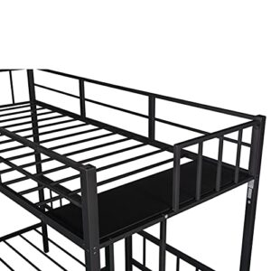 Twin Over Twin & Twin Bunk Bed, Metal Triple Bunk Bed Frame with Guardrails for Kids, Teens, Adults Space Saving, Can Be Divided Into 3 Separate Bed (Black-Metal-1)