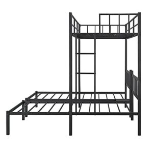 Twin Over Twin & Twin Bunk Bed, Metal Triple Bunk Bed Frame with Guardrails for Kids, Teens, Adults Space Saving, Can Be Divided Into 3 Separate Bed (Black-Metal-1)