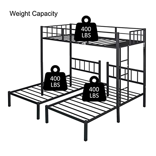 Twin Over Twin & Twin Bunk Bed, Metal Triple Bunk Bed Frame with Guardrails for Kids, Teens, Adults Space Saving, Can Be Divided Into 3 Separate Bed (Black-Metal-1)