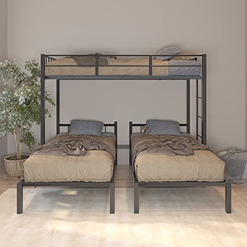 Twin Over Twin & Twin Bunk Bed, Metal Triple Bunk Bed Frame with Guardrails for Kids, Teens, Adults Space Saving, Can Be Divided Into 3 Separate Bed (Black-Metal-1)