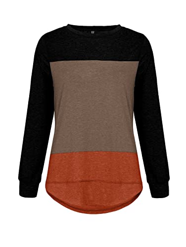 TEMOFON Women's Tops Long Sleeve Color Block Top Casual Loose Crew Neck Soft Blouse Tunic T-Shirts Khaki Block M