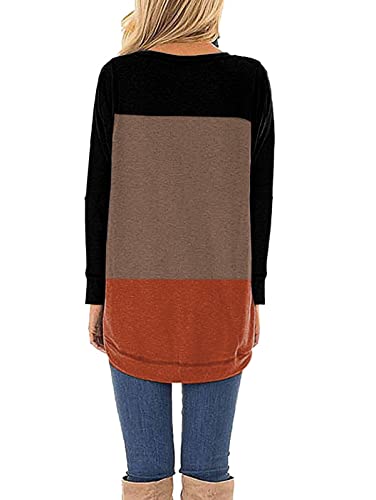 TEMOFON Women's Tops Long Sleeve Color Block Top Casual Loose Crew Neck Soft Blouse Tunic T-Shirts Khaki Block M