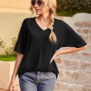 Iandroiy Womens Oversized Tees Loose T Shirts Half Sleeve V Neck Tops (Large, Black)