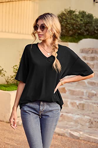 Iandroiy Womens Oversized Tees Loose T Shirts Half Sleeve V Neck Tops (Large, Black)