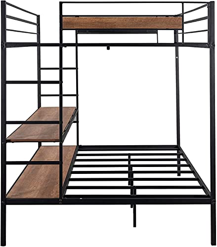 STP-Y Full Over Twin/Full Bunk Bed, Rockjame Metal Bed Frame with Shelves, No Box Spring Needed, Suit for Kids, Young Teens and Adults (Black) (Color : Black)