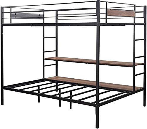 STP-Y Full Over Twin/Full Bunk Bed, Rockjame Metal Bed Frame with Shelves, No Box Spring Needed, Suit for Kids, Young Teens and Adults (Black) (Color : Black)