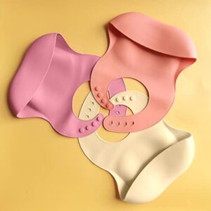 LAUIEKNA Silicone Bibs For Babies & Toddle 3PCs/Set Soft Waterproof Bibs For Girl,Adjustable Feeding Bib Berry/Dusty Rose/Custard